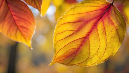 Macro photograph of an autumn red yellow elm leaf showcasing its natural texture as a natural banner. Aesthetic background featuring fall colors with close-up yellow leaves texture highlighting vei...