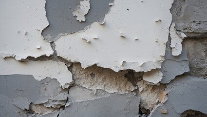 Poster - White grey aged wall featuring worn and damaged plaster. Textured backdrop with peeling paint and cement.