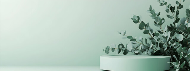 Poster - A minimalist background with eucalyptus leaves and an empty podium for product presentation