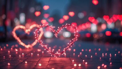 Poster - Valentine's Day backdrop. Heart bokeh setting, Blurred backdrop. Abstract depiction of motion blur from vehicles on the road at night.