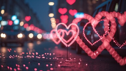 Poster - Valentine's Day backdrop. Heart bokeh background, blurred setting. Abstract depiction of blurred movement of vehicles on the street at night.