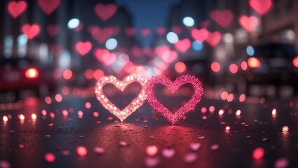 Poster - Valentine's day backdrop. Heart bokeh backdrop, blurred scenery. Abstract depiction of the blur motion of vehicles on the road at night.
