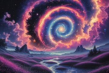 Wall Mural - surreal cosmic landscape in stippling style with vibrant spiral galaxy and ethereal nebula