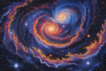 Wall Mural - stunning deep space art featuring detailed spiral galaxy and colorful nebula in stippling technique