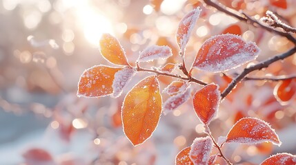 Poster - Frost Covered Autumn Leaves Winter Nature Photography