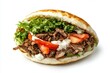 © Faizal - Delicious shawarma pita sandwich with grilled meat fresh tomato lettuce and creamy sauce on white plain background