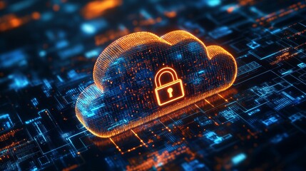 Poster - Isometric digital padlock. Abstract illustration of cloud security services, stylized cloud icon integrated with a secure padlock symbol, representing data protection 32k Resolution 