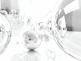 Poster - futuristic abstract composition with reflective glass spheres floating in a bright white space, crea