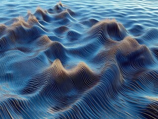 Poster - Futuristic abstract landscape with fluid ocean waves merging with digital wireframe structures, creating a surreal blend of nature and technology in blue and gold tones
