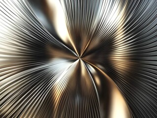 Poster - Abstract metallic vortex with smooth, reflective gold and silver lines converging at a central point, creating a dynamic and futuristic visual effect with depth and movement