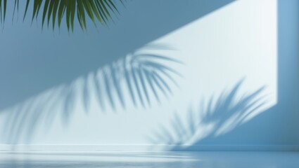 Poster - Blurred shadow of palm leaves on a light blue wall. Minimalist abstract backdrop for product presentation.