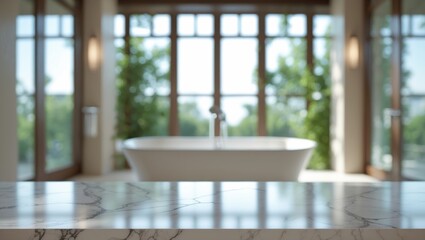 Aufkleber - Blurred background and marble countertop surface suitable for mockup of product displays or design layouts.