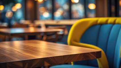 Aufkleber - Blurry cafe, restaurant, or coffee shop backdrop with a perspective view of a wooden table corner.