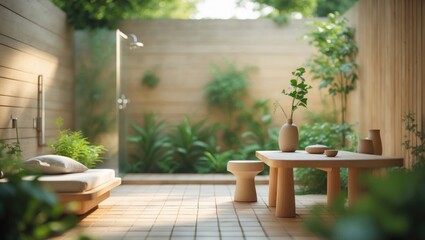Poster - Blurred backdrop of a bright outdoor shower area showcasing natural wood, vibrant greenery, and a tranquil atmosphere, ideal for relaxation and renewal.
