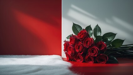 Poster - Bouquet of red roses against a red backdrop with space for text.