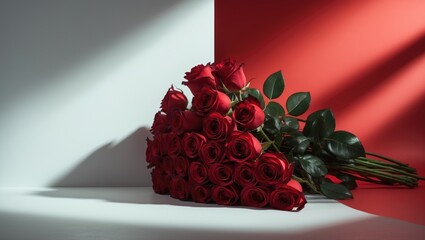 Poster - Bouquet of red roses set against a red backdrop with space available for text.