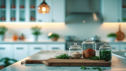 Fototapete - Blurred perspective of contemporary chic kitchen space.