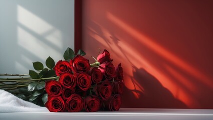 Poster - Bouquet of red roses set against a red background with an area for text.