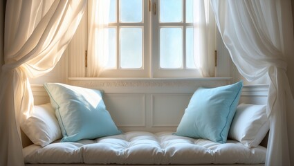 Aufkleber - Bright interior of a room, featuring curtains, a white window sill, pillows, and plaster.