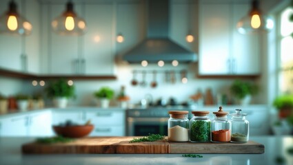Fototapete - Blurred perspective of contemporary stylish kitchen interior
