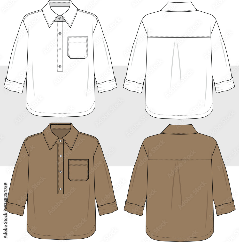 Half Placket Example Men's wear folded sleeve, half placket shirt with pocket vector fashion ...