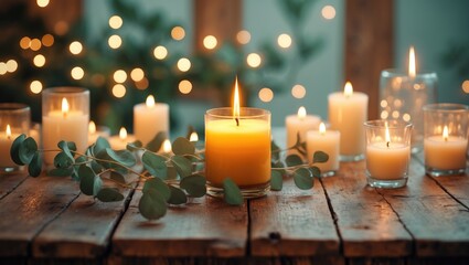 Poster - Burning scented candle and eucalyptus branch on a table. Area for text.