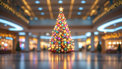 Poster - blurred Christmas tree in spacious shopping mall serving as backdrop