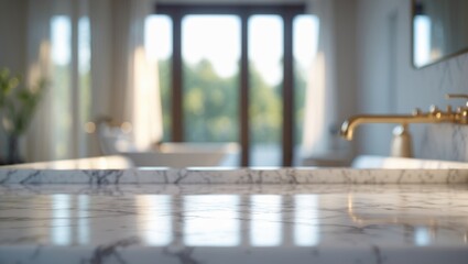 Poster - Empty marble tabletop with a blurred interior backdrop for showcasing products.
