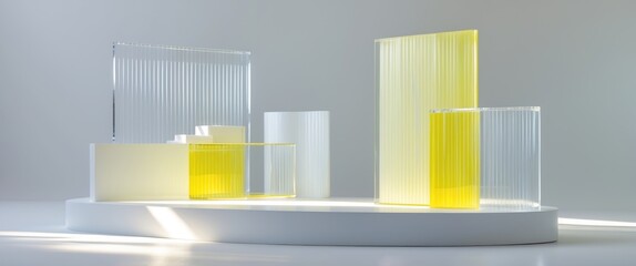 Poster - Abstract display podium. Acrylic glass creating transparent and ribbed forms in white and pastel yellow. The stage is ideal for showcasing beauty products, decorations, makeup, and accessories.