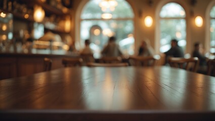 Poster - Empty wooden tabletop with blurred interior background