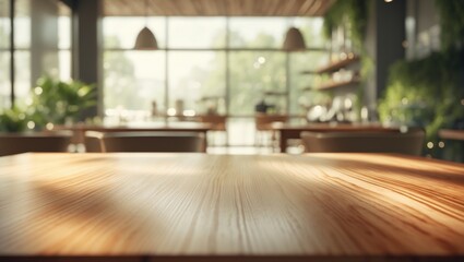 Poster - empty wooden desk with blurred coffee shop cafe restaurant background