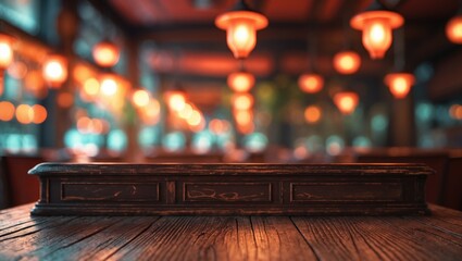 Aufkleber - Blurred background of a bar with dark brown desk space made of vintage wood.