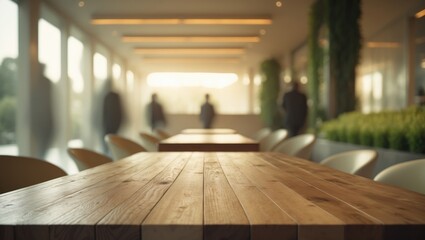 Poster - Empty wooden table space platform with a blurred background for product display montage.