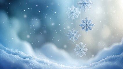 Poster - blue snowfall bokeh backdrop, abstract snowflake scene on a blurred background
