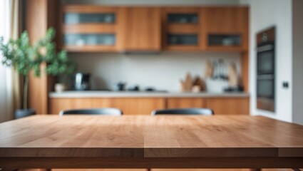 Poster - empty wooden table with blurred kitchen background furniture
