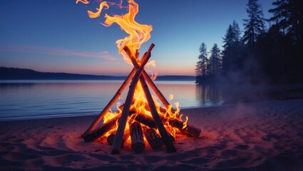 Poster - Bonfire on sandy beach.
