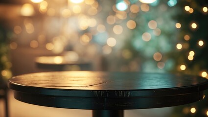 Poster - Empty wooden table with a blurred abstract background in front of a coffee shop or restaurant for product display or montage.