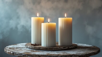 Aufkleber - Cozy burning candles with vanilla scent on wooden surface. Winter home decoration. Soy eco-friendly candle. Interior and home decor. Space for text.