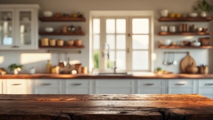 Poster - Brown wood table top in front of a blurred interior background featuring a window.
