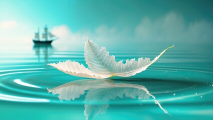 Poster - Transparent white leaf on mirrored surface reflecting against turquoise backdrop in macro. Artistic depiction of ship on water. Dreamy natural image, open space.