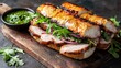 © Natchanok - Delicious Pork Sandwich with Arugula and Red Onion on Rustic Wood Board with Green Sauce
