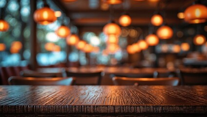 Aufkleber - blurred background of bar and dark brown wooden desk space of vintage wood
