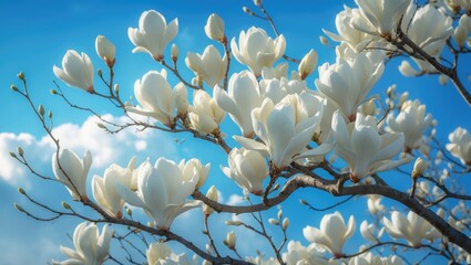 Poster - Branches of white magnolia in bloom against a backdrop of blue sky with clouds. Trees flowering in spring.
