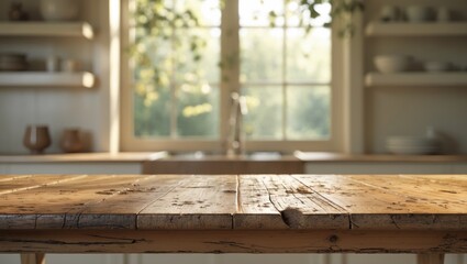 Poster - Empty wooden tabletop against a blurred window sill and kitchen shelf background.