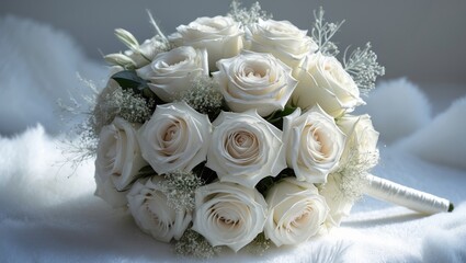 Poster - Bridal bouquet of white roses arranged in bright colors with an isolated handle on a white background.