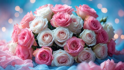 Poster - Bouquet of fresh pink and white roses set against a blue bokeh background.