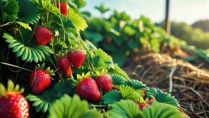 Poster - bush of fresh red strawberries