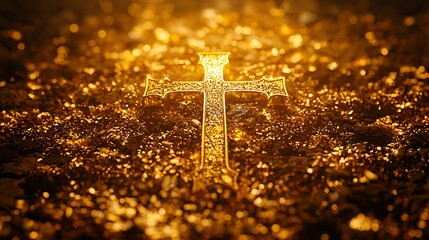 Poster - Golden Cross on Gold Background Spiritual Symbol