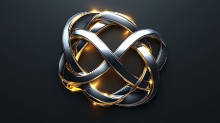 Illuminated silver knot design with dynamic light reflections on dark backdrop