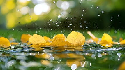 Poster - Golden Leaves Falling on Water in Autumn